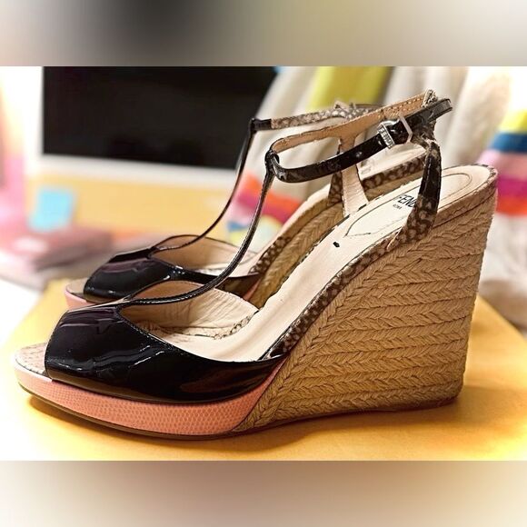 Fendi Maryjanes with Black and Pink Wedge Platform Espadrilles. No Flaws. - Picture 1 of 17